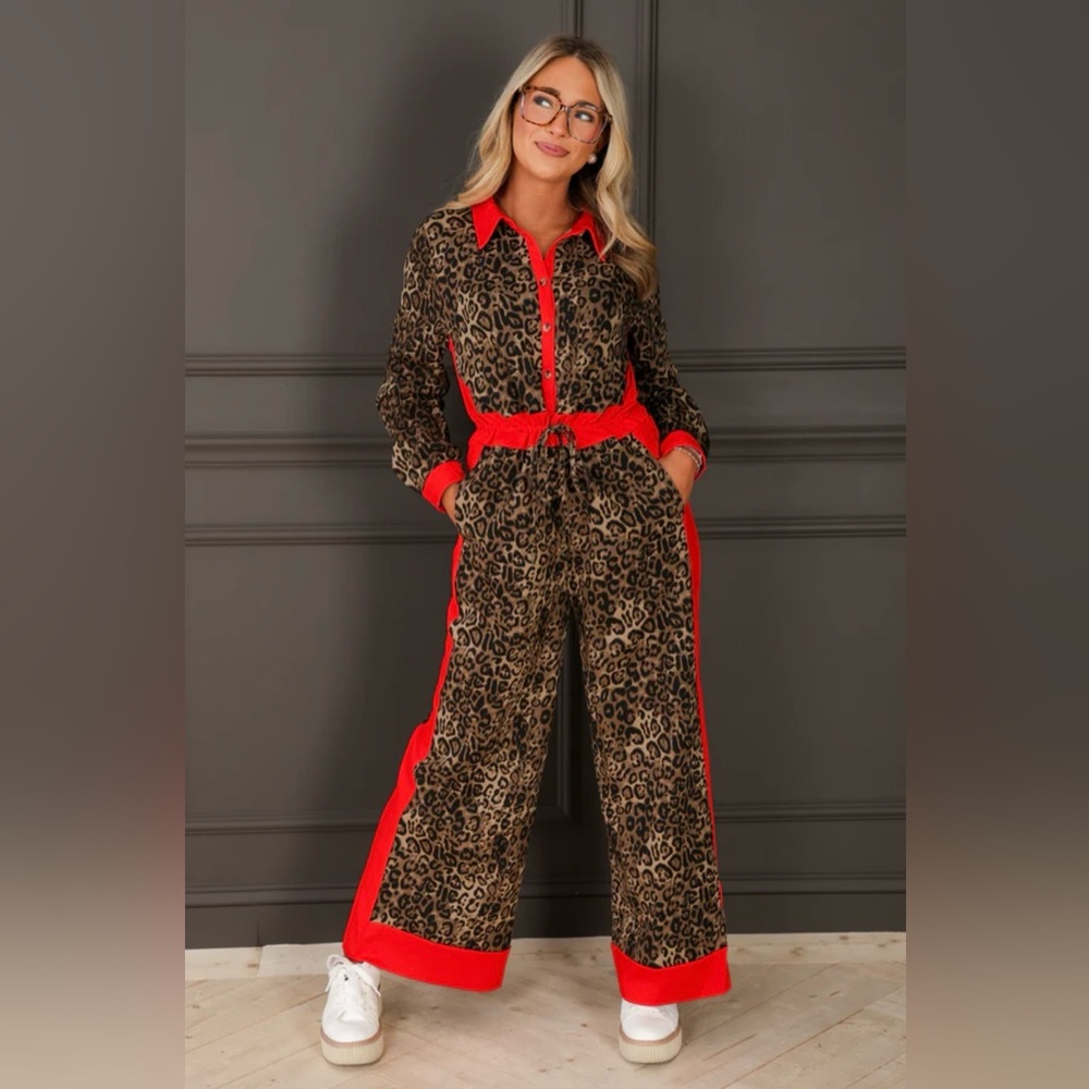 JODIFL Leopard Jumpsuit with Vibrant Red Trim